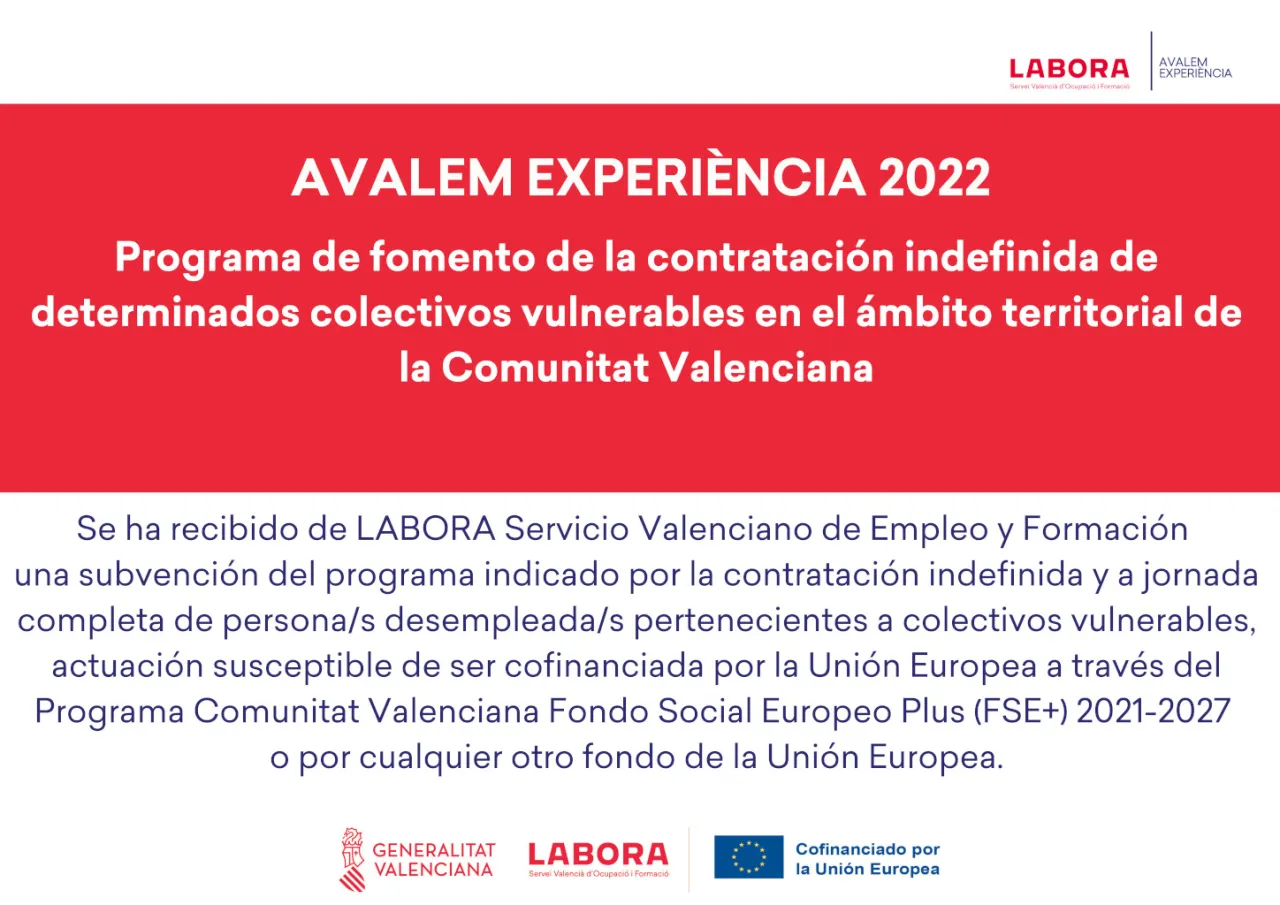 Cartel informativo AVALEM EXPERIÈNCIA 2022 — subvención LABORA