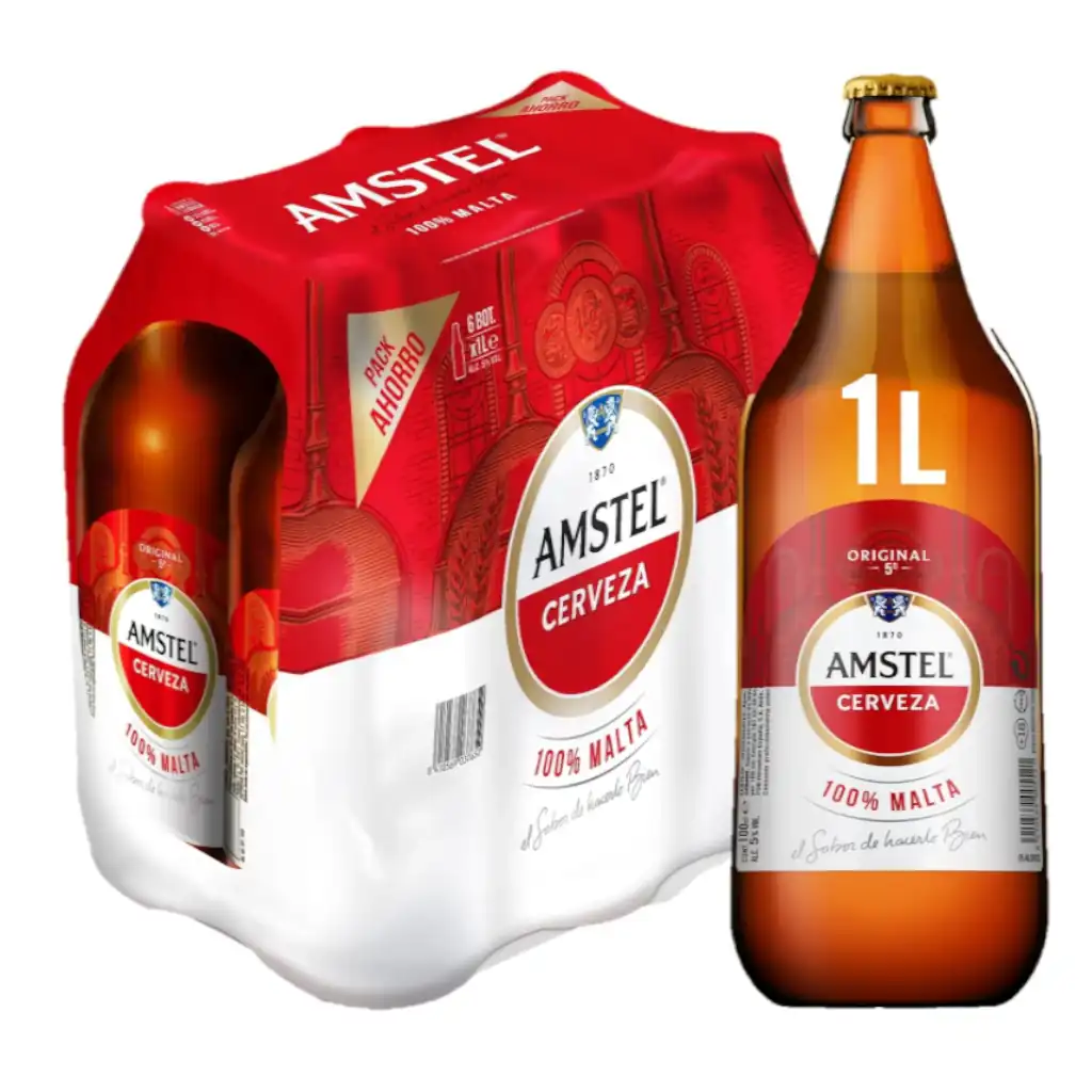 Cerveza Amstel 1 l No Retornable caja de 6 Botellas